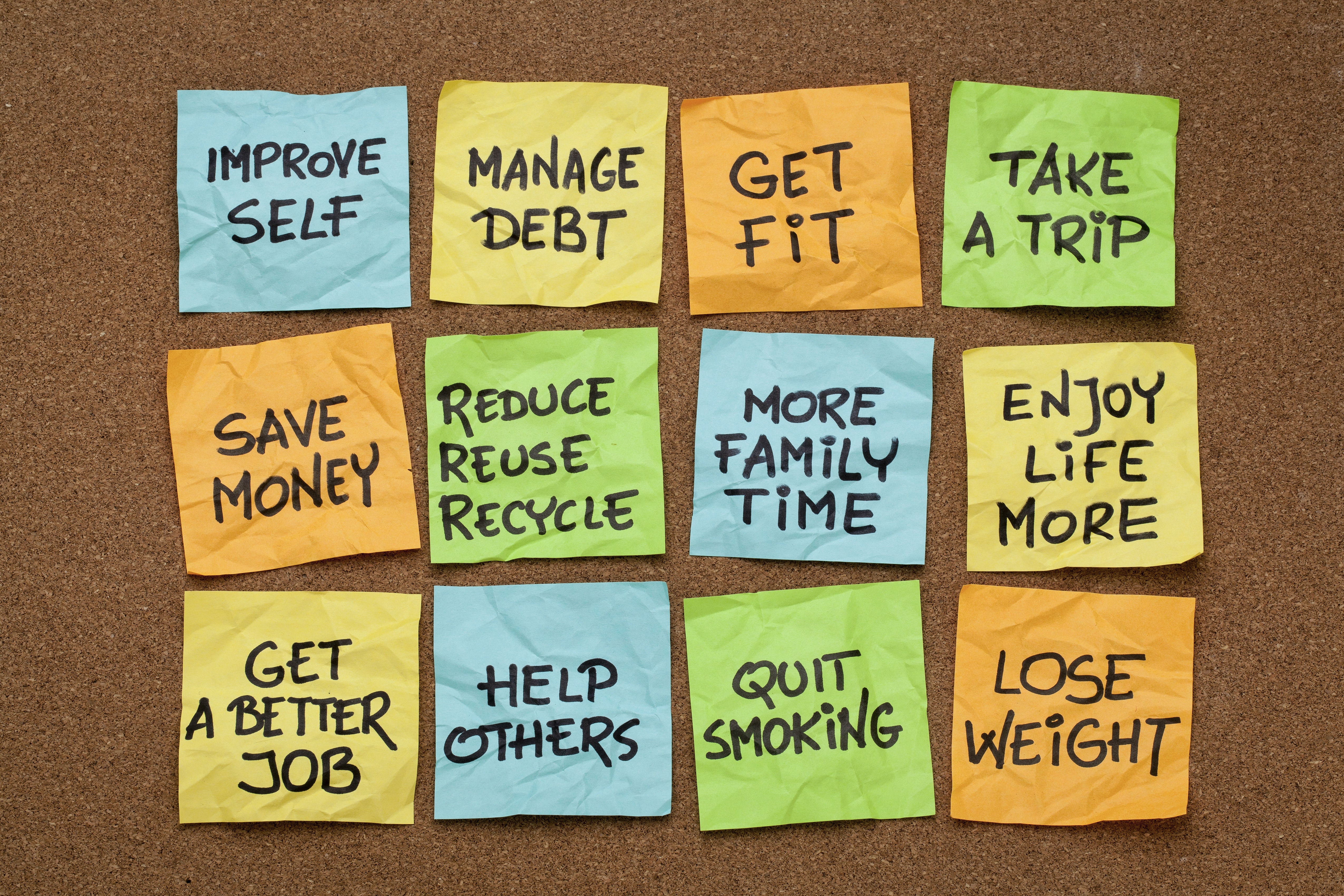 Sticky note with various popular new year's resolutions