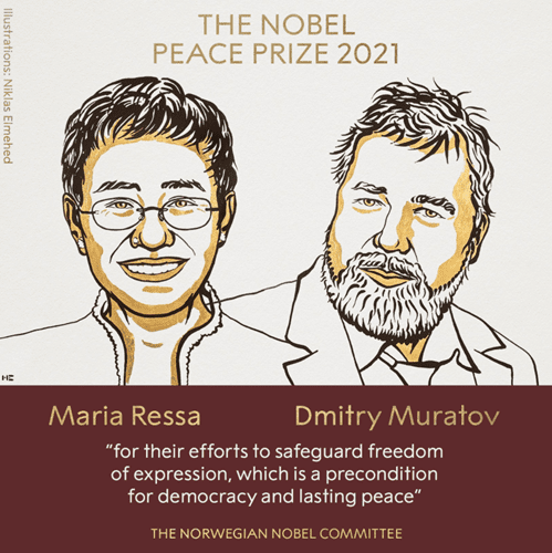 The Nobel Peace Prize 2021 was awarded to Maria Ressa and Dmitry Andreyevich Muratov