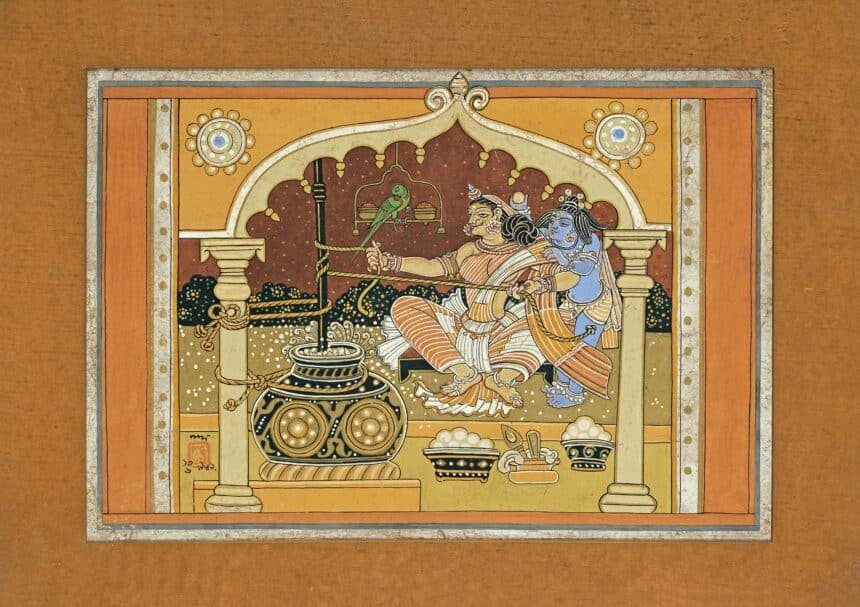 Immortal imagery of Radha and Krishna churning butter