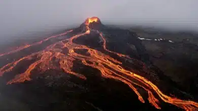 Map showing global distribution of active volcanoes and populations at risk from volcanic eruptions according to WHO data