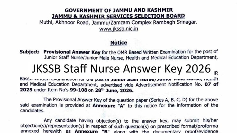 JKSSB Staff Nurse Answer Key 2026