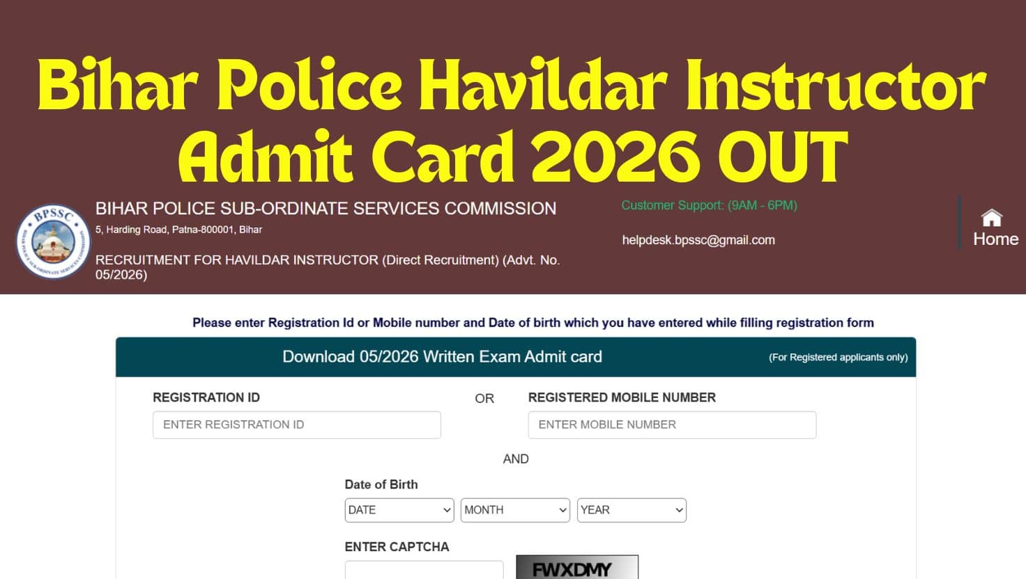 Bihar Police Havildar Instructor Admit Card 2026