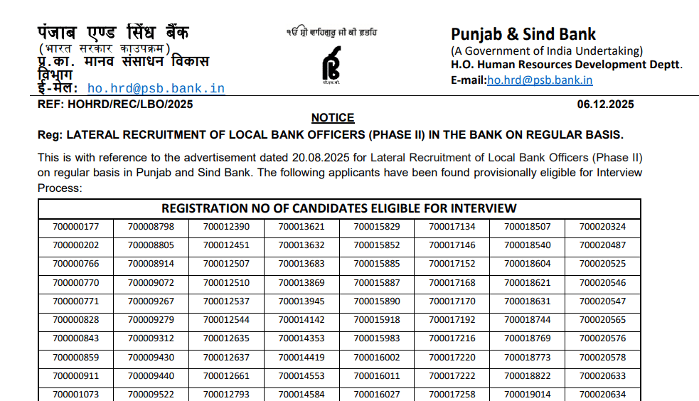 Punjab and Sind Bank LBO Result 2026