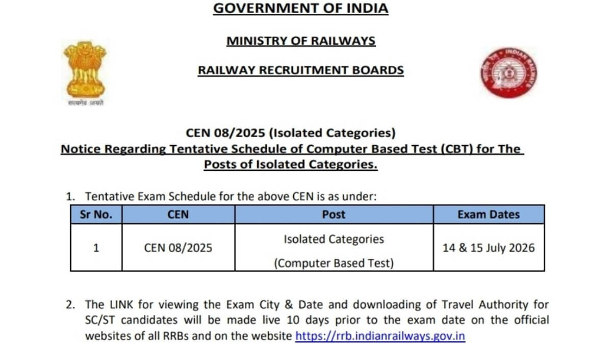 RRB Ministerial and Isolated Admit Card 2026