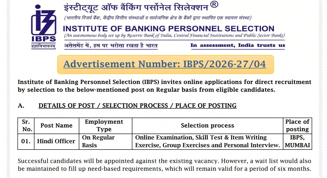 IBPS Hindi Officer recruitment 2026