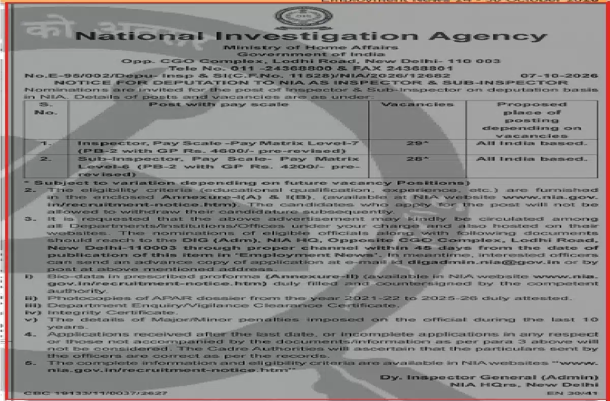 NIA SI Recruitment 2026