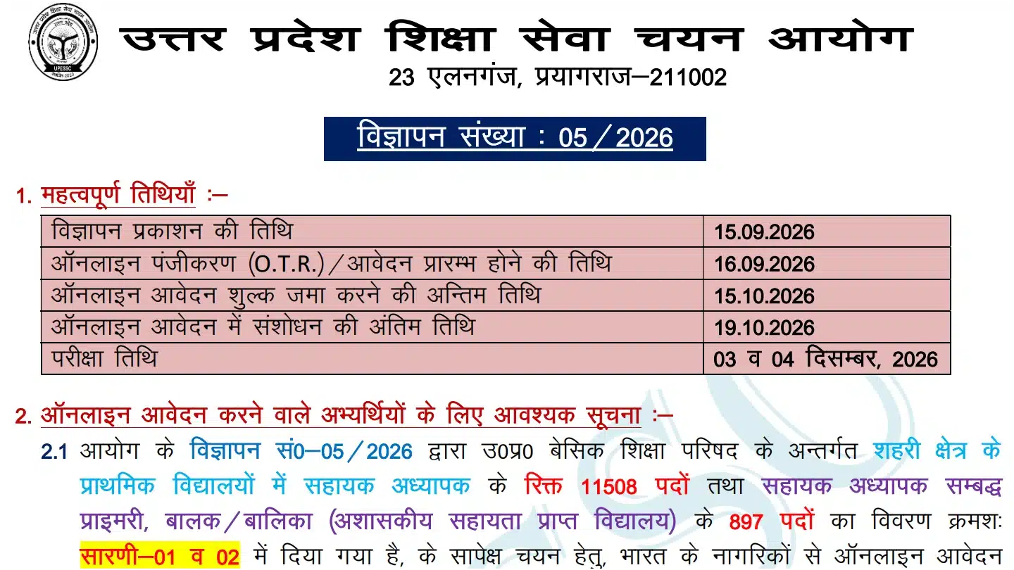 UPESSC PRT Recruitment 2026